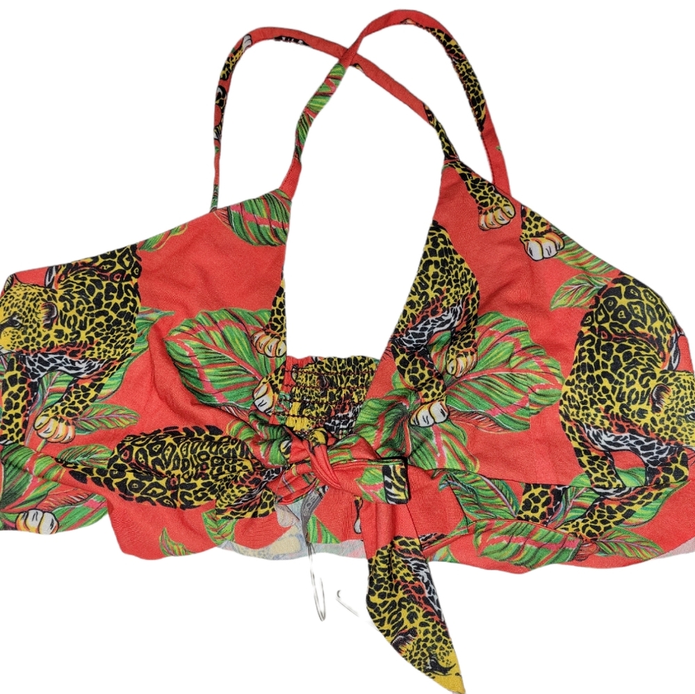 NWOT Asos Tie Front Cross Back Ruffle Jungle Print Bralette Bikini Top sz 10